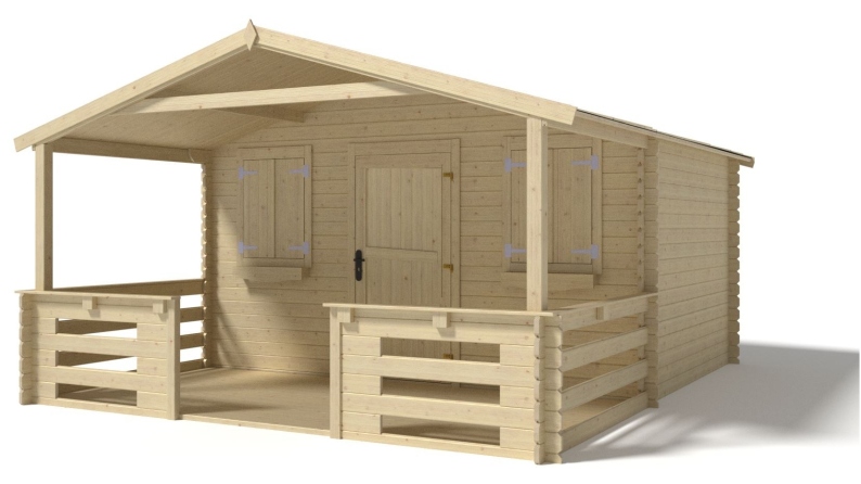 Abri de jardin en bois - 4x3 m + terrasse avec balustrade et avant-toit en bois - 24 m2