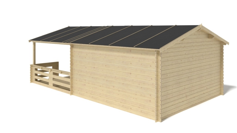 Abri de jardin en bois - 4x3 m + terrasse avec balustrade et avant-toit en bois - 24 m2