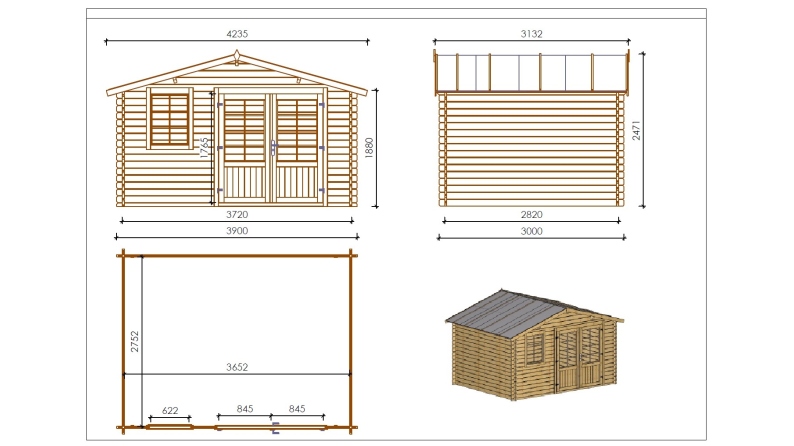 Abri de jardin en bois - 11.7m2 - 3.9x3m - Ep. 34mm - Couleur: naturel