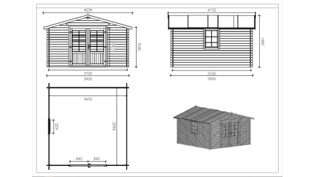 Abri de jardin en bois - 15.2m2 - 3.9x3.9m - Traité - Ep. 34mm - Couleur: marron