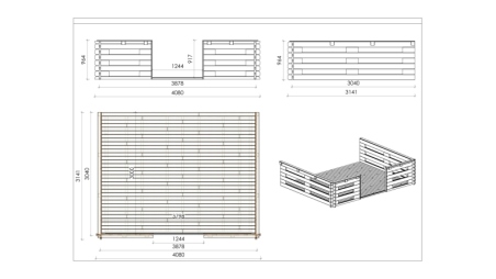 Terrasse en bois avec balustrade pour abri en bois - 12m2 - 4m x 3m - couleur: naturel