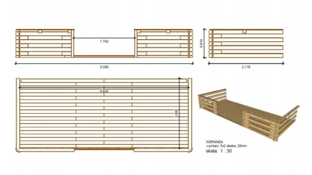 Abri de jardin en bois - 5x4 m + terrasse avec balustrade et avant-toit en bois - 30 m2