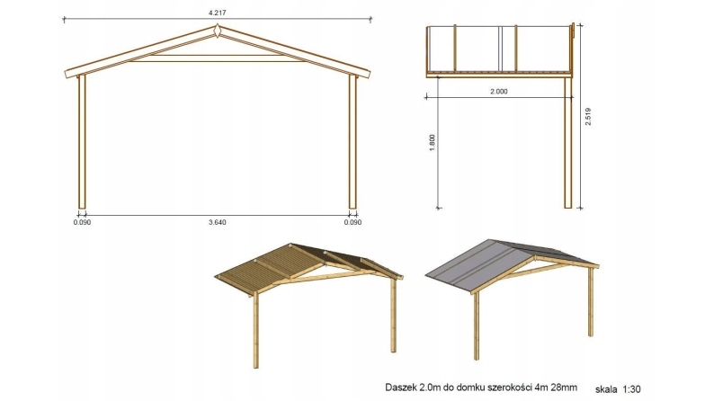Abri de jardin en bois - 4x3 m + terrasse avec balustrade et avant-toit en bois - 20 m2 - Traité