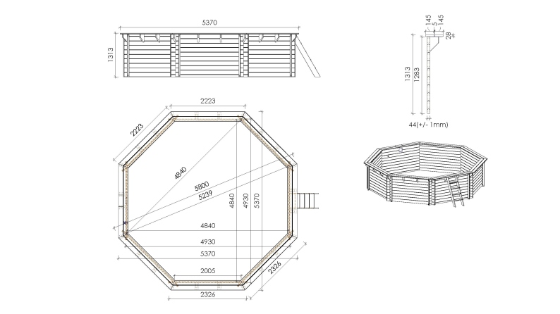 Piscine en bois 5.37x5.37 - H.1.31 m autoportante