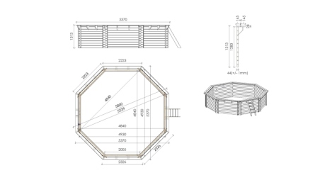 Piscine en bois 5.37x5.37 - H.1.31 m autoportante