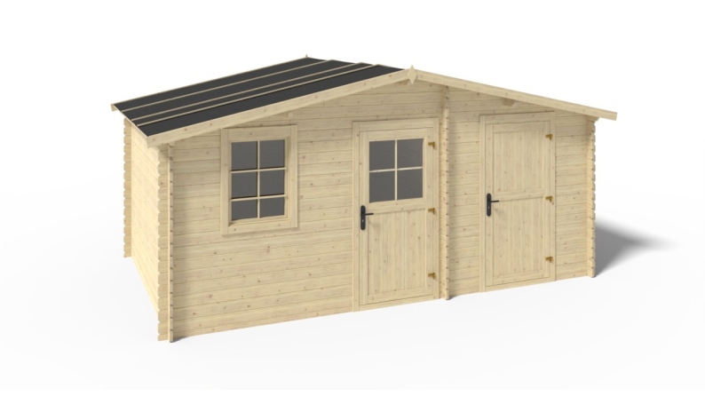 Abri de jardin en bois - 5x3 m + terrasse avec balustrade et avant-toit en bois - 35 m2