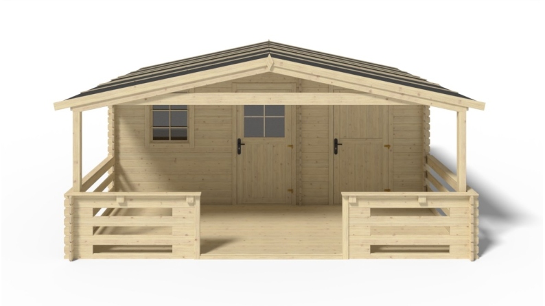 Abri de jardin en bois - 5x3 m + terrasse avec balustrade et avant-toit en bois - 35 m2