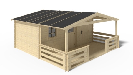 Abri de jardin en bois - 5x3 m + terrasse avec balustrade et avant-toit en bois - 35 m2
