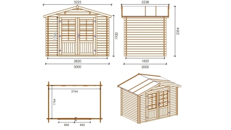 Abri de jardin en bois - 3x2 m + terrasse avec balustrade et avant-toit en bois - 15 m2