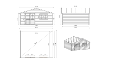 Abri de jardin en bois - 30m2 - 6x5m - Ep. 40mm - Couleur: naturel