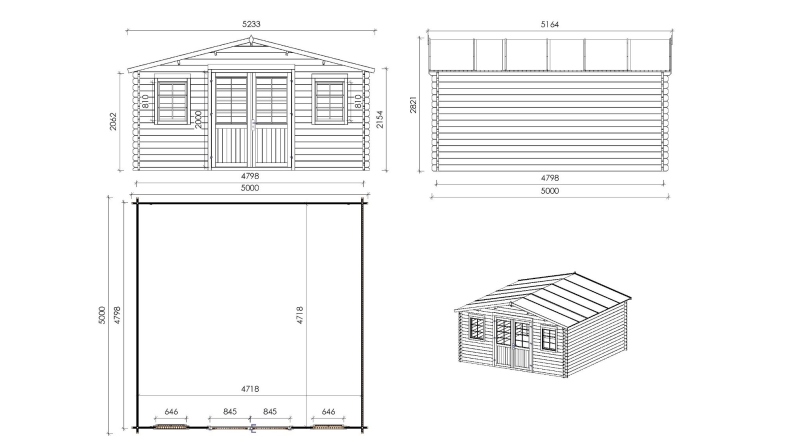 Abri de jardin en bois - 25m2 - 5x5m - Ep. 40mm - Couleur: naturel