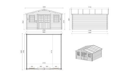 Abri de jardin en bois - 25m2 - 5x5m - Ep. 40mm - Couleur: naturel