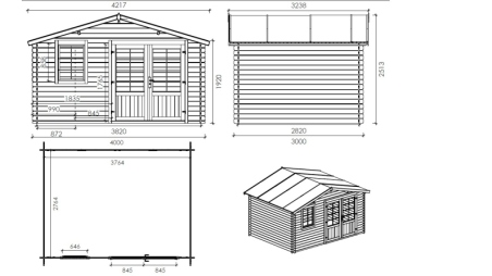 Abri de jardin en bois - 4x3 m + terrasse avec balustrade et avant-toit en bois - 20 m2 - Traité