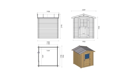 Abri de jardin en bois - 3.61m2 - 1.9x1.9m - Ep. 28mm - Couleur: naturel