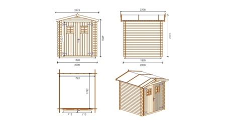 Abri de jardin en bois - 4m2 - 2x2m - Ep. 19mm - Couleur: naturel