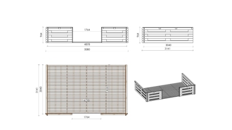 Terrasse en bois avec balustrade pour abri en bois - 15m2 - 5m x 3m - couleur: naturel