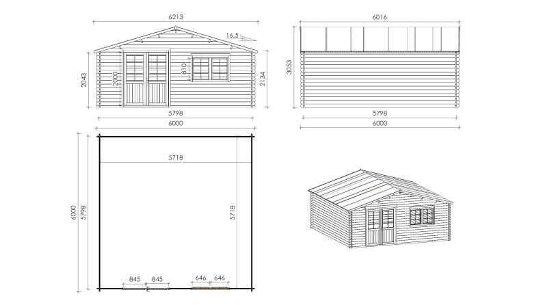 Abri de jardin en bois - 6x6 m + terrasse avec balustrade et avant-toit en bois - 48 m2