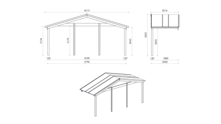 Abri de jardin en bois - 6x6 m + terrasse avec balustrade et avant-toit en bois - 48 m2