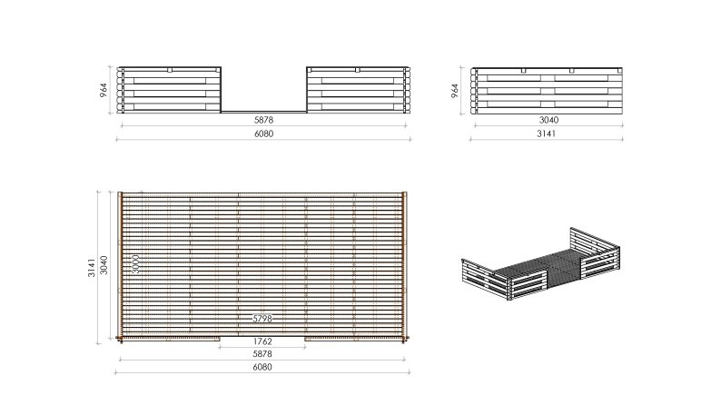 Abri de jardin en bois - 6x6 m + terrasse avec balustrade et avant-toit en bois - 54 m2