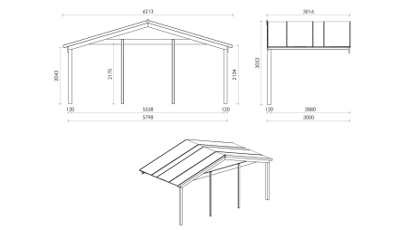 Avant-toit en bois 6x3m pour le chalet de jardin 6m, couleur naturel