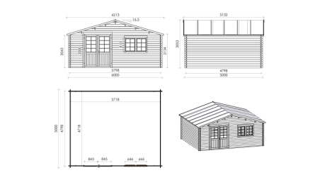 Abri de jardin en bois - 6x5 m + terrasse avec balustrade et avant-toit en bois - 42 m2