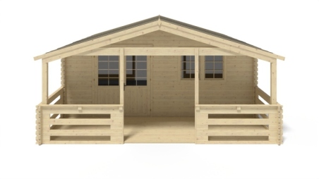 Abri de jardin en bois - 6x5 m + terrasse avec balustrade et avant-toit en bois - 42 m2