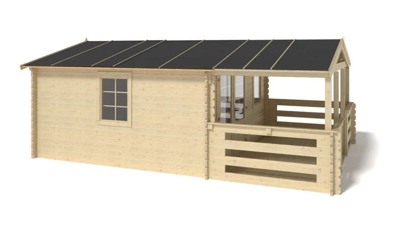 Abri de jardin en bois - 4x4 m + terrasse avec balustrade et avant-toit en bois - 24 m2