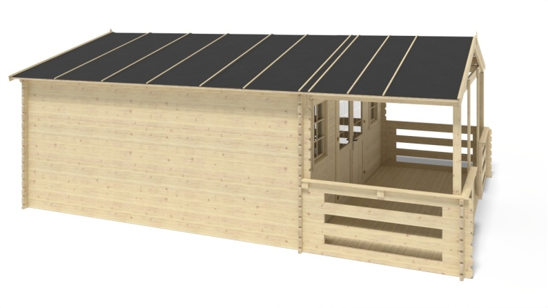 Abri de jardin en bois - 5x5 m + terrasse avec balustrade et avant-toit en bois - 35 m2
