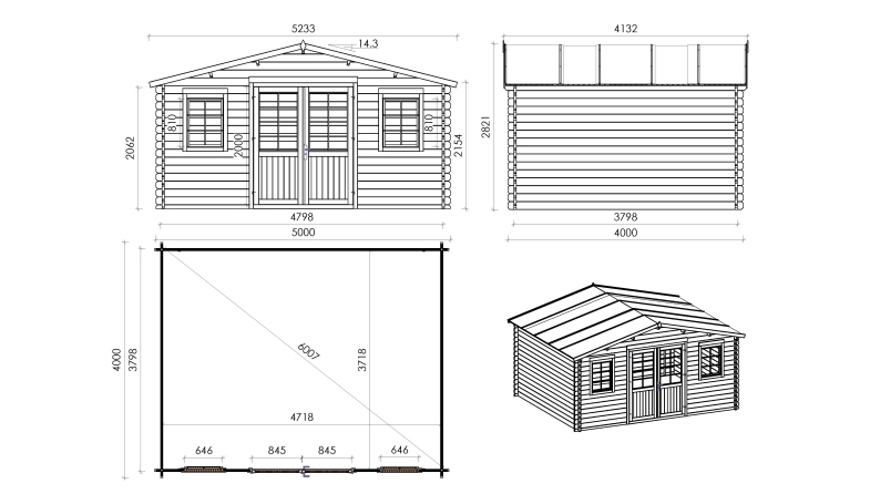 Abri de jardin en bois - 5x4 m + terrasse avec balustrade et avant-toit en bois - 30 m2