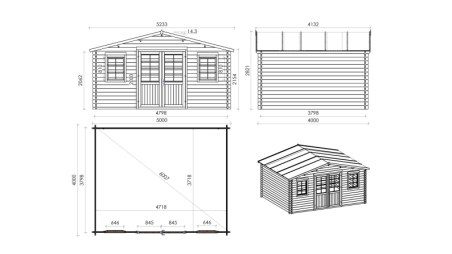Abri de jardin en bois - 5x4 m + terrasse avec balustrade et avant-toit en bois - 30 m2
