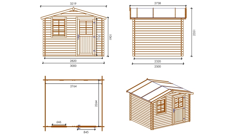 Abri de jardin en bois - 3x2.5 m + terrasse avec balustrade et avant-toit en bois - 16.5 m2