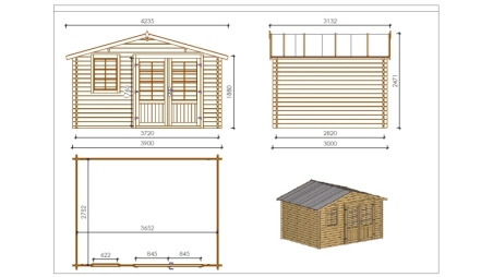 Abri de jardin en bois - 11.7m2 - 3.9x3m - Traité - Ep. 34mm - Couleur: marron