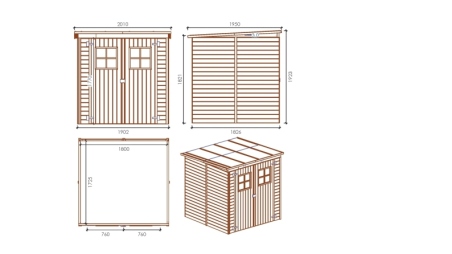 Abri de jardin en bois 3.42 m2 - 1.9x1.8 m - traité - Couleur: vert