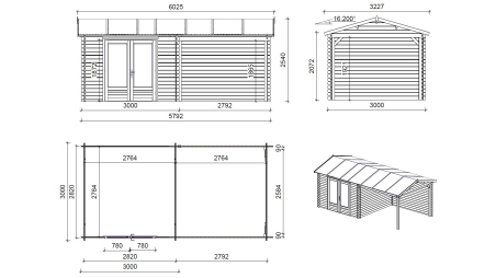 Abri de jardin en bois - 17.4m2 - 5.79x3m - Ep. 28mm - Couleur: naturel