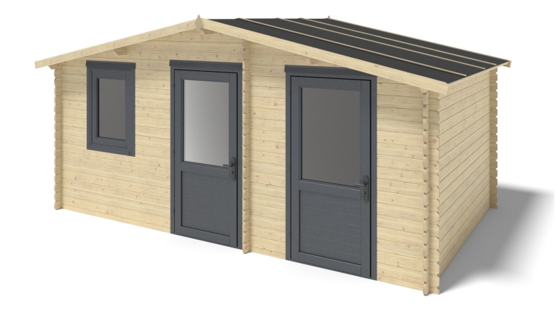 Abri de jardin en bois - 5x3 m + terrasse avec balustrade et avant-toit en bois - 25 m2