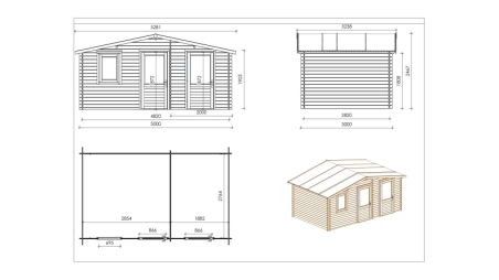 Abri de jardin en bois - 5x3 m + terrasse avec balustrade et avant-toit en bois - 25 m2