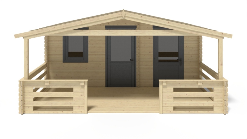 Abri de jardin en bois - 5x3 m + terrasse avec balustrade et avant-toit en bois - 25 m2