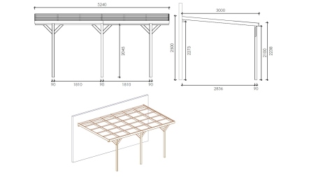 Carport, abri de voiture  3x5.24 m - 15 m2 - adossé 