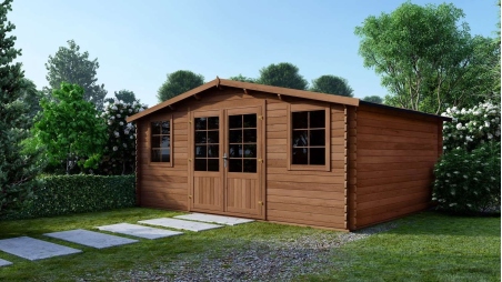 Abri de jardin en bois - 34.8m2 - 5.9x5.9m - Traité - Ep. 45mm - Couleur: marron
