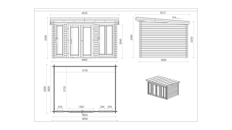 Abri de jardin en bois - 12m2 - 4x3m - Ep. 34mm - Couleur: naturel