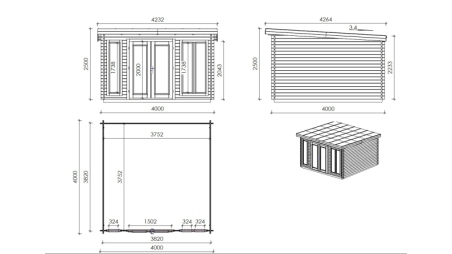 Abri de jardin en bois - 16m2 - 4x4m - Ep. 34mm - Couleur: naturel
