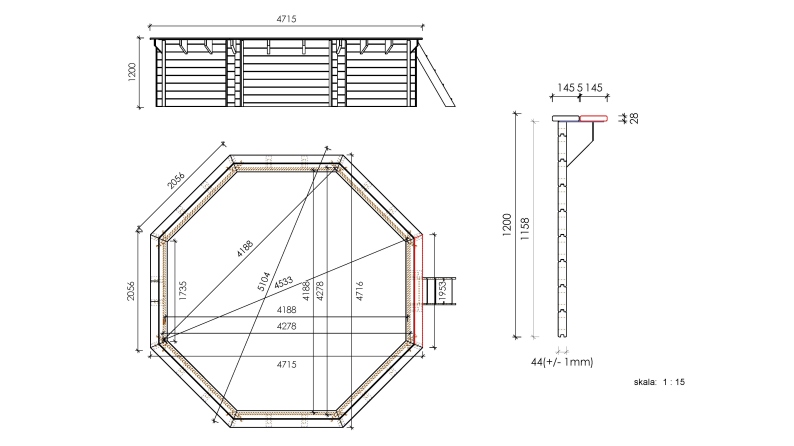 Piscine en bois 4.71x4.72 - H.1.2 m autoportante