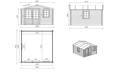 Abri de jardin en bois - 15.21m2 - 3.9x3.9m - Ep. 40mm - Couleur: naturel