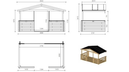 Abri de jardin en bois - 4x4 m + terrasse avec balustrade et avant-toit en bois - 24 m2