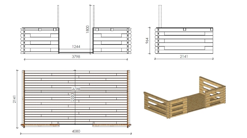 Abri de jardin en bois - 4x4 m + terrasse avec balustrade et avant-toit en bois - 24 m2