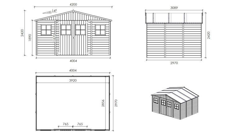Abri de jardin en bois 11.88 m2 - 4x2.97 m - Couleur: naturel