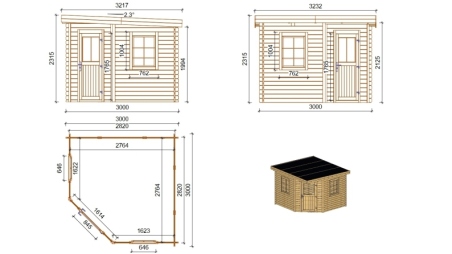 Abri de jardin en bois - 8m2 - 3x3m - Ep. 28mm - Couleur: naturel
