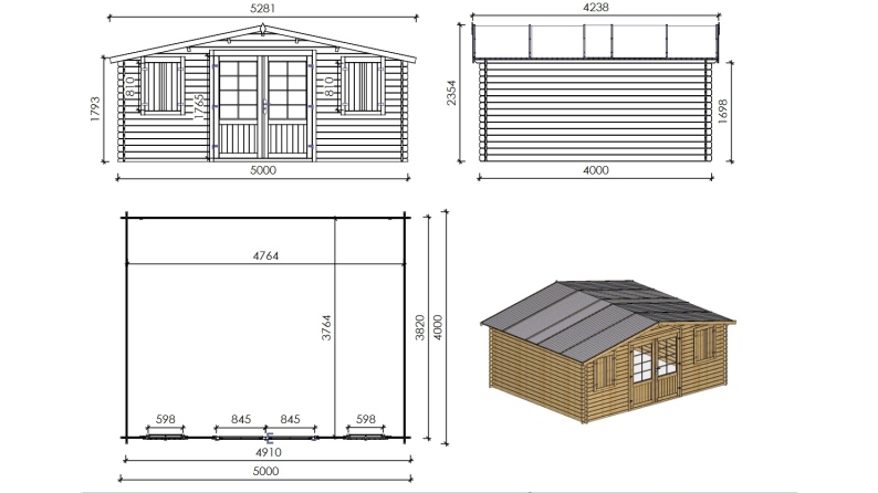 Abri de jardin en bois - 20m2 - 5x4m - Traité - Ep. 28mm - Couleur: marron
