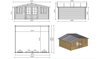 Abri de jardin en bois - 20m2 - 5x4m - Traité - Ep. 28mm - Couleur: marron
