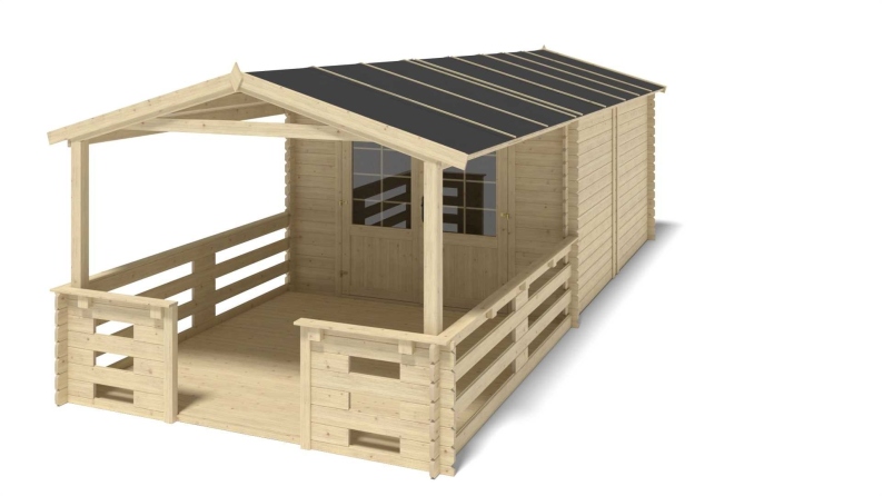 Abri de jardin en bois - 3x4 m + terrasse avec balustrade et avant-toit en bois - 21 m2